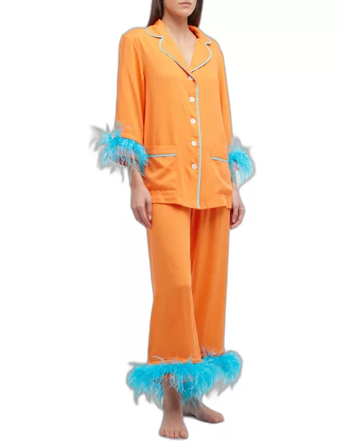 Cropped Feather-Trim Party Pajama Set