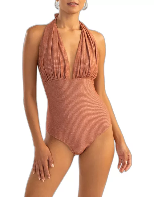 Shimmery Deep V Halter One-Piece Swimsuit