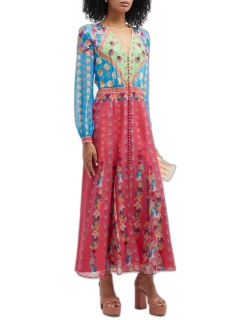 Annabel Button-Front Floral Silk Maxi Dres
