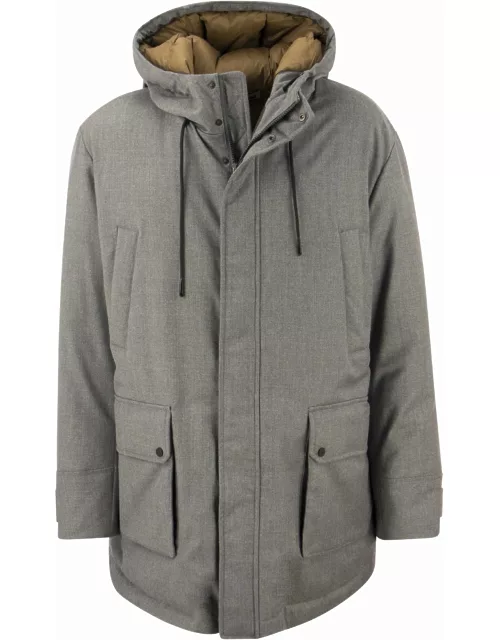 Peserico Long Down Jacket In Soft Technical Pure Wool Flanne
