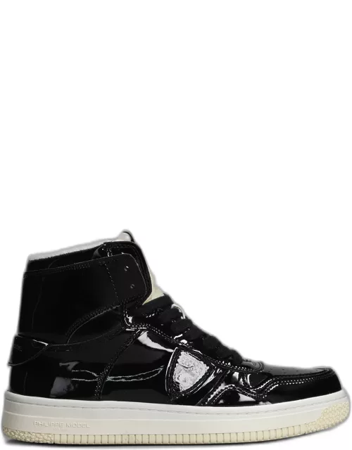 Philippe Model Lyon High Sneakers In Black Patent Leather