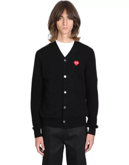 Comme des Garçons Play Mens Cardigan Knit Black wool cardigan with pixel heart patch.