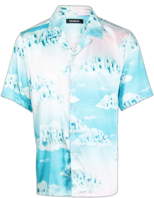 NAHMIAS Clouds-motif Short-sleeved Shirt Blue