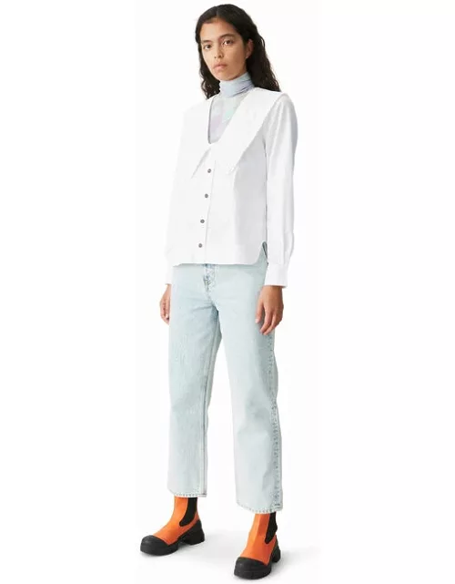 GANNI Long Sleeve Cotton Poplin V-neck Frill Collar Shirt in White
