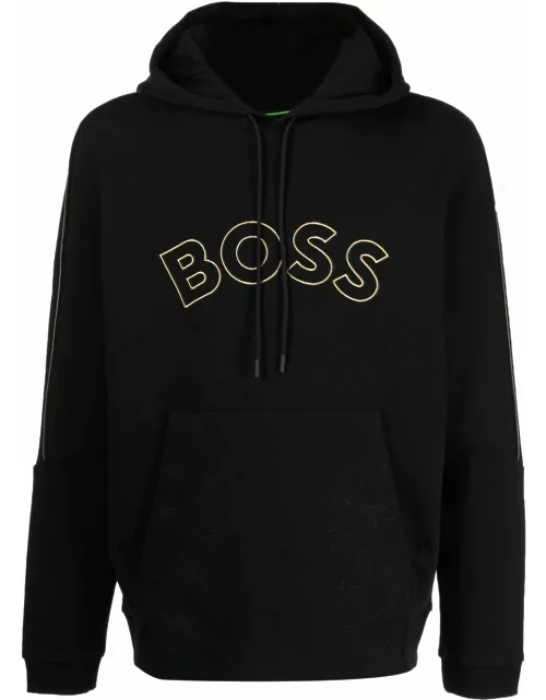 BOSS Curved Logo-embroidered Drawstring Hoodie Black
