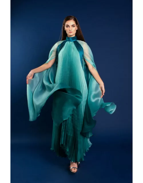 Anaya Sasha Ombre Pleated Dress with Cape Sleeve