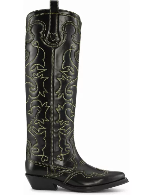 GANNI Knee-High Embroidered Western Boots in Black/Yellow