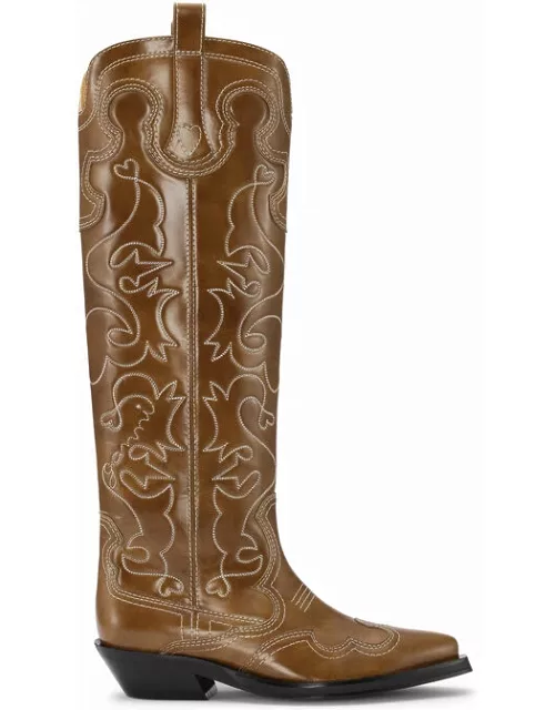 GANNI Knee-High Embroidered Western Boots in Beige