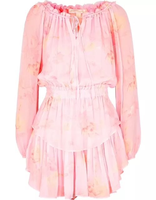 LoveShackFancy Popover Pink Floral-print Chiffon Mini Dress