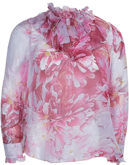 Roberto Cavalli Angels Pink Floral Printed Silk Ruffle Detail Long Sleeve Top 6 Yr