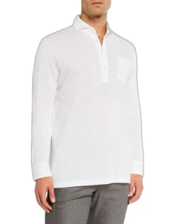 Men's Washed Long-Sleeve Pocket Polo Shirt, White