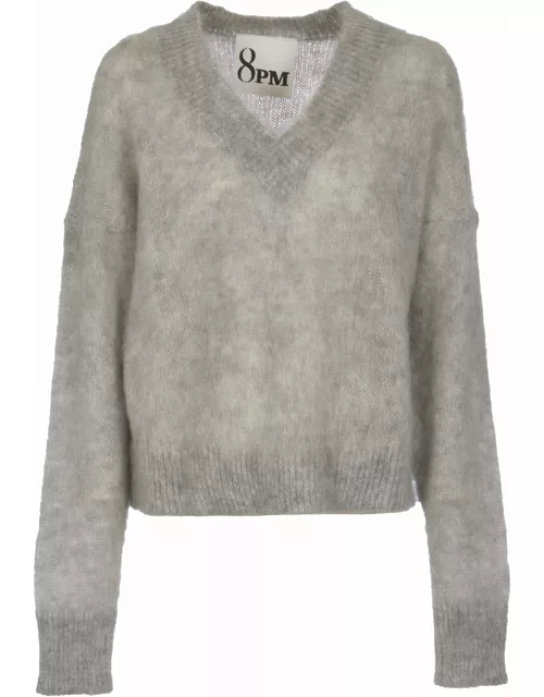 8PM V-neck Fur Applique Sweater