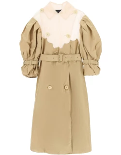 SIMONE ROCHA DOUBLE-BREASTED TAFFETA TRENCH COAT WITH TULLE INSERT
