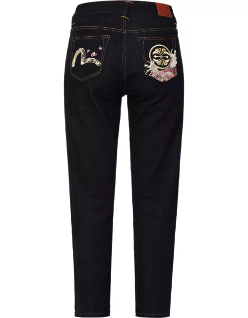 Kamon and "Koi playing in the Waves" Embroidery Straight-leg Jean