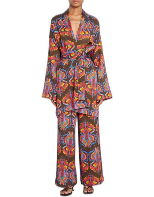 Kosmima Printed Open-Front Belted Kimono Jacket