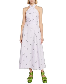 Floral-Embroidered Crossover Halter Midi Dres
