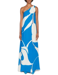 Abstract-Print One-Shoulder Silk Maxi Dres