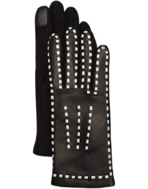 Contrast Stitching Leather & Cashmere Glove