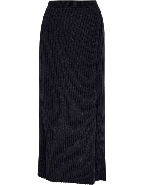 Free People Better Days Black Ribbed Wrap-effect Midi Skirt