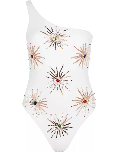 Oceanus Callie White Embellished One-shoulder Swimsuit