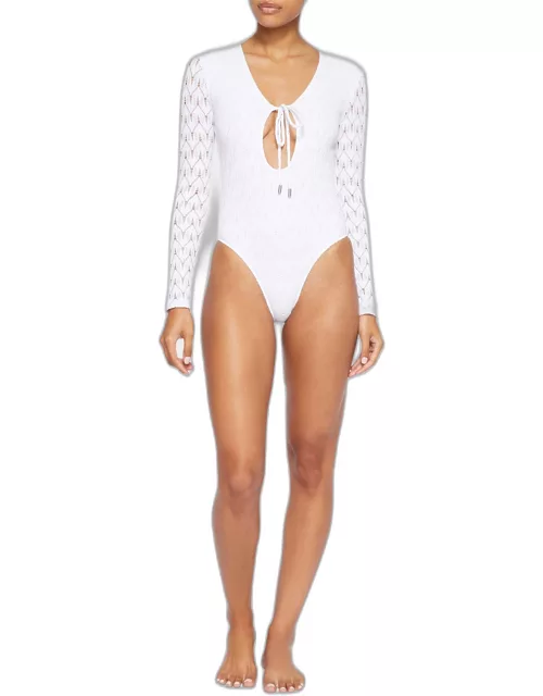 Birdie Crochet Lace Long-Sleeve One-Piece Swimsuit