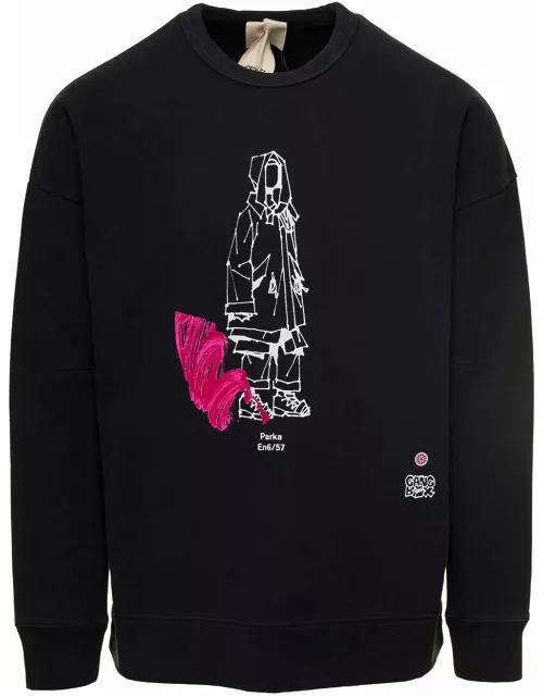 Black Crewneck Printed Sweater In Cotton Man Ten C