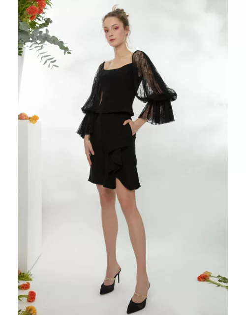 Gemy Maalouf Crepe Top With Lace Sleeves and Crepe Short