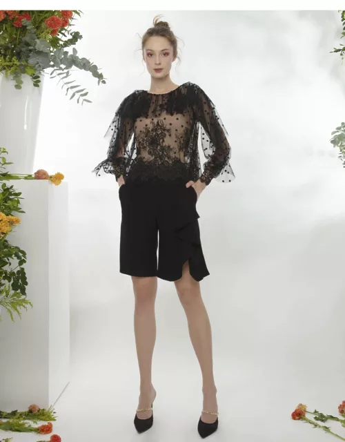 Gemy Maalouf Lace Top With Ruffles and Crepe Short