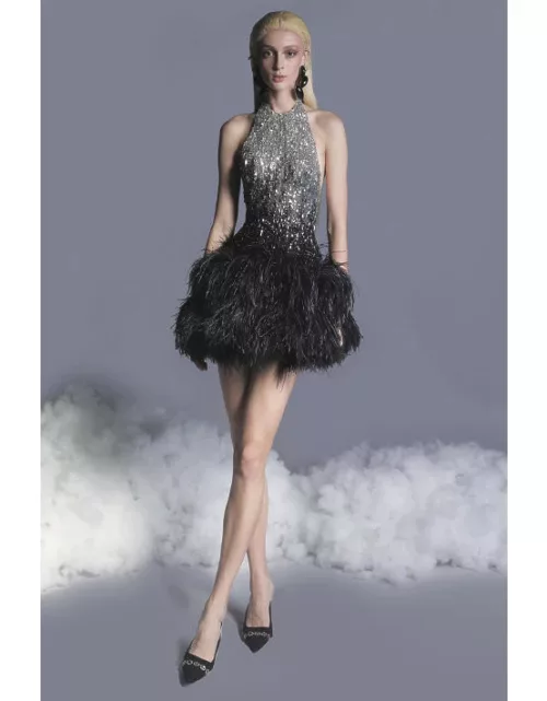 Georges Hobeika Beaded Tulle Feathered Dres