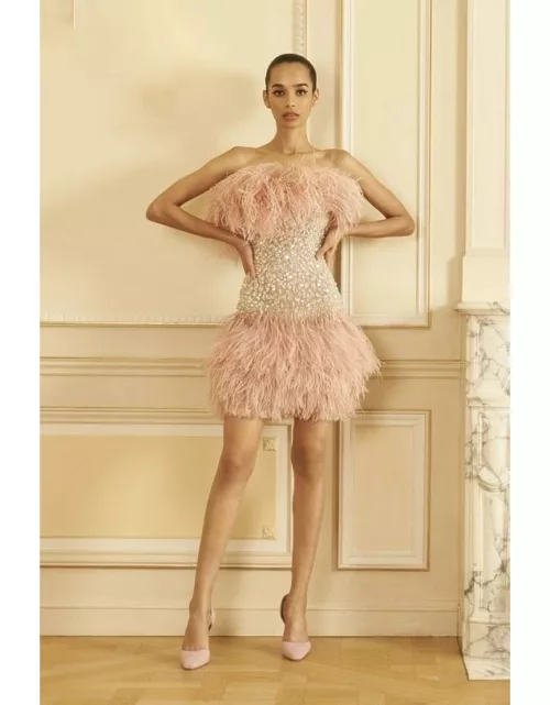 Georges Hobeika Strapless Beaded Feathered Tulle Dres