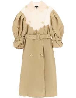 Simone Rocha Double-breasted Taffeta Trench Coat With Tulle Insert