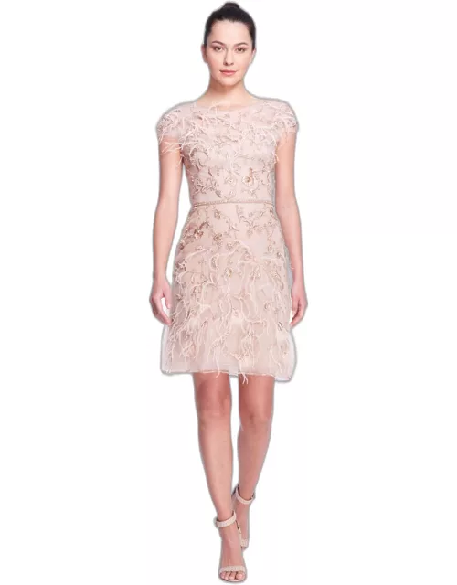 Marchesa Crystal and Ostrich Feather Embroidered Tulle Cocktail Dres
