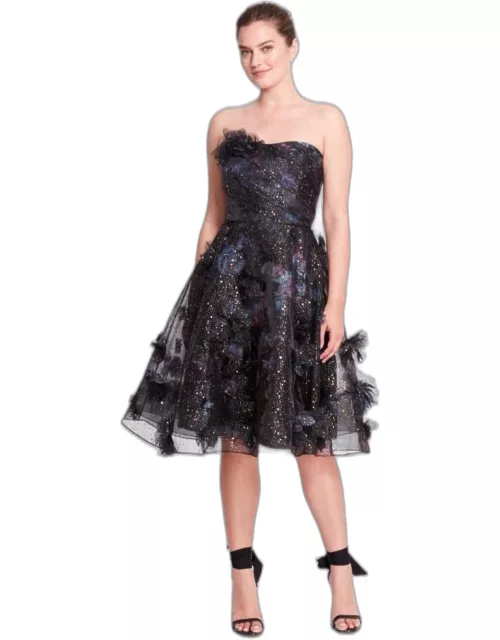 Marchesa Notte Strapless Foiled Printed Organza Dres