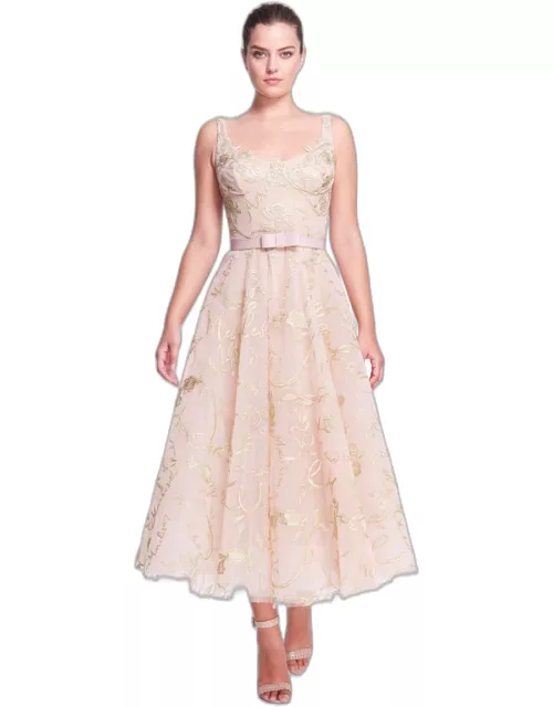 Marchesa Scoop Neck Embroidered Tulle Midi Dres