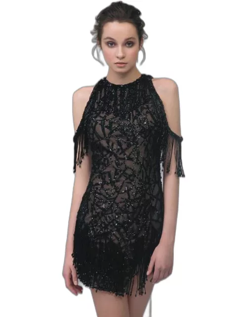 Tony Ward Cold Shoulder Embroidered Tulle Cocktail Dres