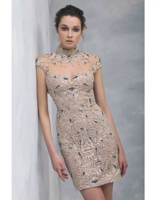 Tony Ward Hand-Embroidered High Neck Cocktail Dres