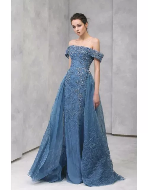 Tony Ward Off Shoulder Gown with Over-Skirt