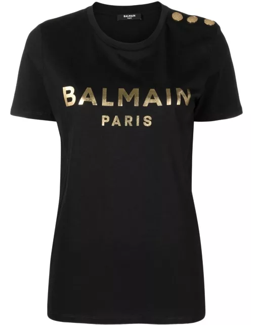 BALMAIN WOMEN Foil Logo Button T-Shirt Black