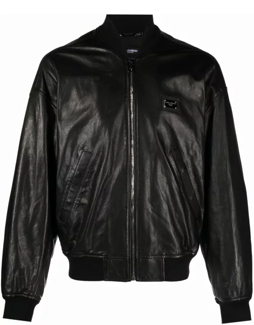 Dolce & Gabbana logo-patch leather bomber jacket