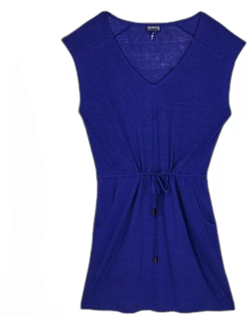 Women Linen V Collar Dress Solid - Dress - Fairway - Blue