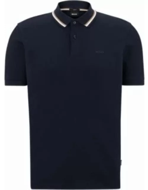 Slim-fit polo shirt in cotton with striped collar- Dark Blue Men's Polo Shirt