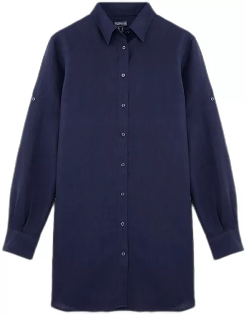 Women Long Linen Shirt Solid - Shirt Dress - Fragance - Blue