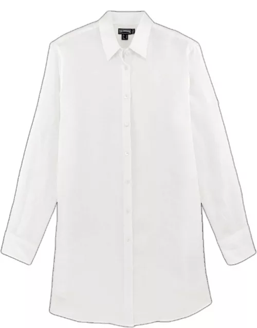 Women Long Linen Shirt Solid - Shirt Dress - Fragance - White