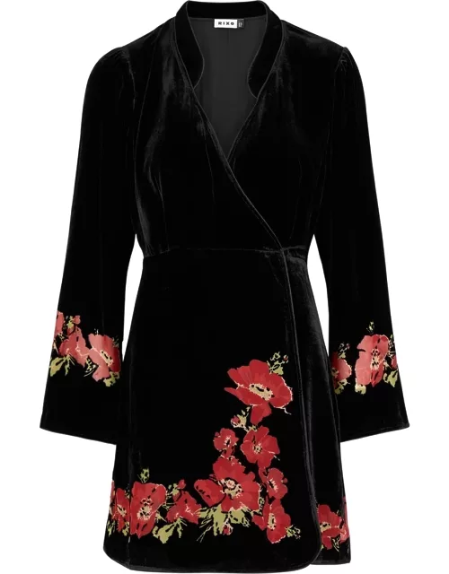 Rixo Iris Printed Velvet Mini Wrap Dress - Black
