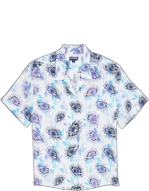 Women Linen Short Sleeves Shirt Flash Flowers - Shirt - Leany - Blue