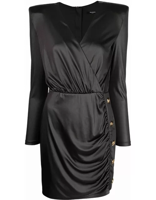 BALMAIN WOMEN Metallic draped padded-shoulder dress Black