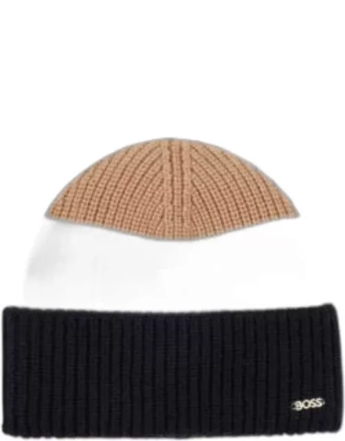 Colour-blocked beanie hat in wool with cashmere- Patterned Women's Hats and Glove