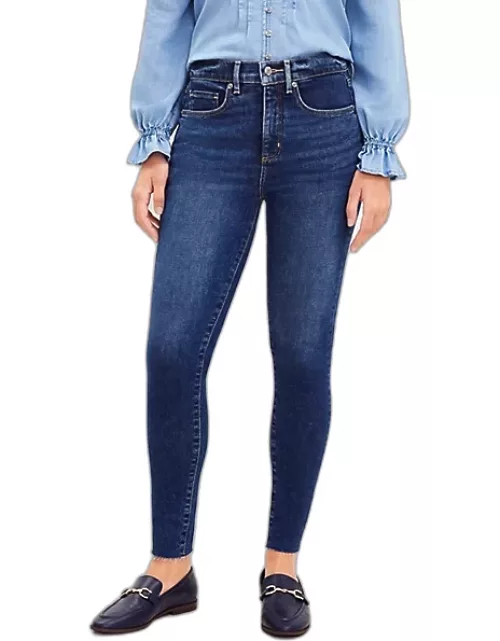 Loft Tall Curvy Chewed Hem Mid Rise Skinny Jeans in Authentic Mid Indigo Wash