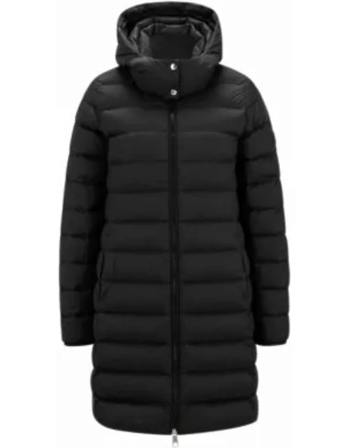 Water-repellent hooded down jacket with logo patch- Black Women's Down Jacket