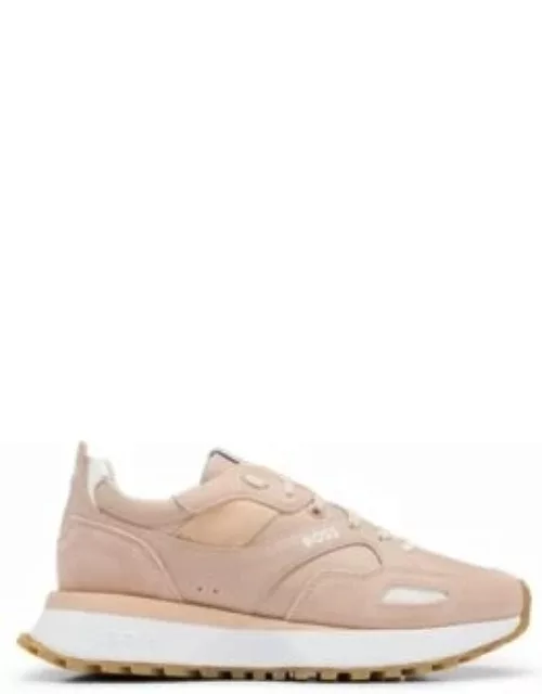 Mixed-material lace-up trainers with leather facings- Light Beige Women's Sneaker